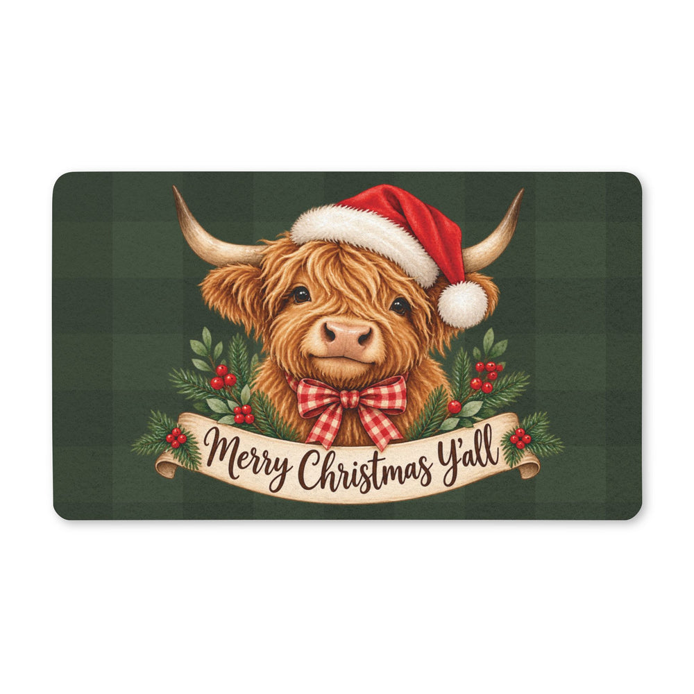 Merry Christmas Y'all Doormat — Festive Highland Cow Holiday Welcome Mat
