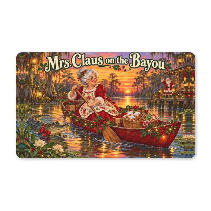 Mrs. Claus on the Bayou Polyester Doormat — Festive Southern Christmas Welcome Mat
